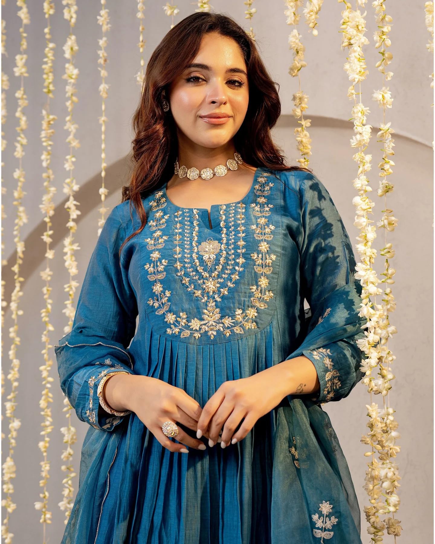 Nermosa Women Embroidery Solid A-Line Kurta and Pant Set with Dupatta (IN, Alpha, L, Morepeach)