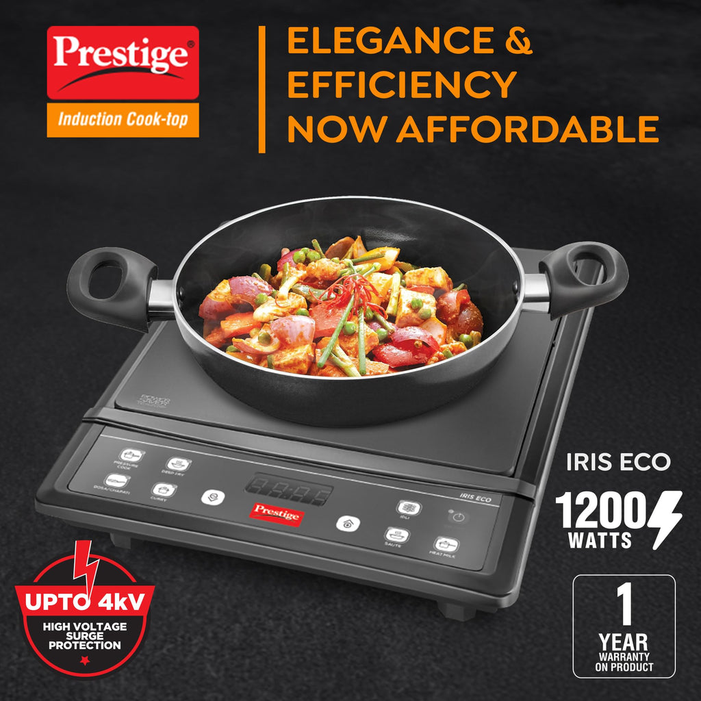 Prestige IRIS ECO 1200 W Induction Cooktop with automatic voltage regulator |Indian Menu option|Power Saver|Timer with User Pre-Set|1 year warranty|Black