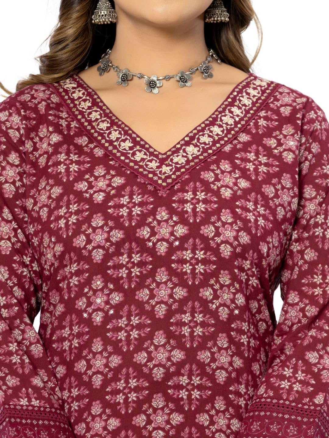 Amayra Women's Cotton Printed Straight Kurta with Pant and Dupatta Set(TCK559,Maroon,3XL)