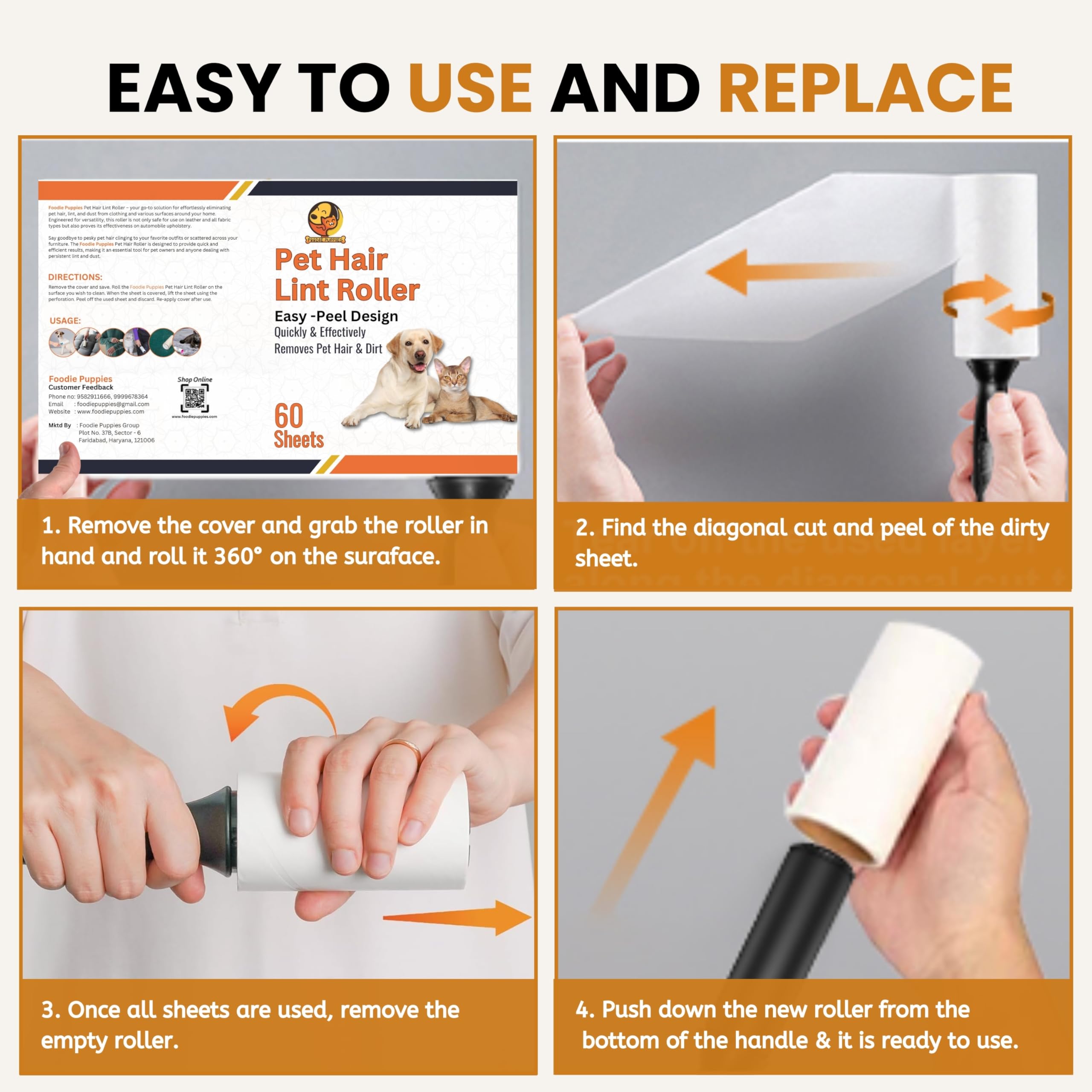 Foodie Puppies Pet Hair Remover Lint Roller with Handle and 4 Refills (300 Sheets), Hair Remover for Dogs and Cats, Ideal for Clothes, Furniture, Coats, Car Seats, Carpets, Fabric, and Dust Cleaning