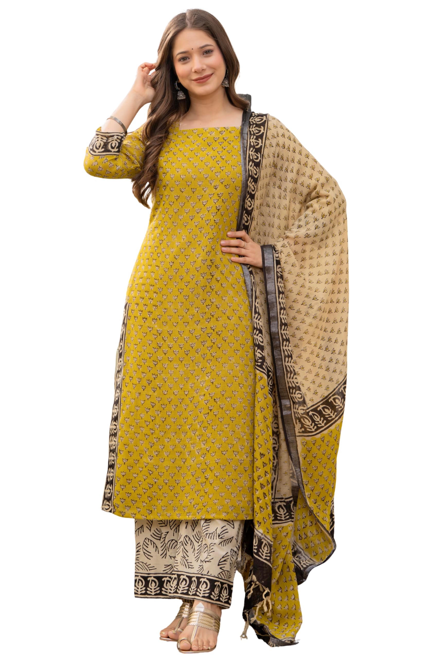 Amayra Women's Pure Cotton Straight Kurta Set with Palazzo Pants & Dupatta|Ethnic wear|Kurta Set for Women(TCK737-N,Yellow,S)