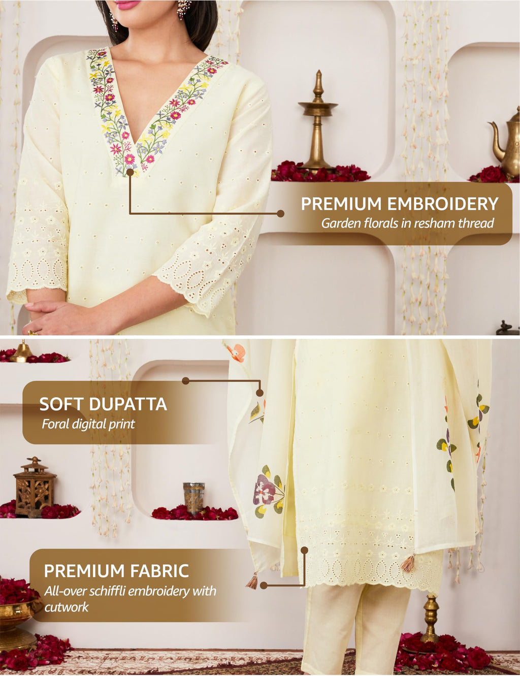 Amazon Brand - Myx Women's Embroidered Cotton Kurta Pant Set with Dupatta (SS25-MYX-SHU-KS-06_White_4XL)