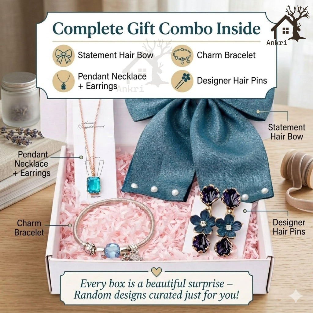 5 Pcs Trendy Hair Accessories & Jewelry Gift Set for Girls & Women, Hair Bow, Jewellery Set, Pendant Necklace with Earrings, Flower Hair Pins, Charm Bracelet, White Gift Box Included, Random Designs as per Latest Trend