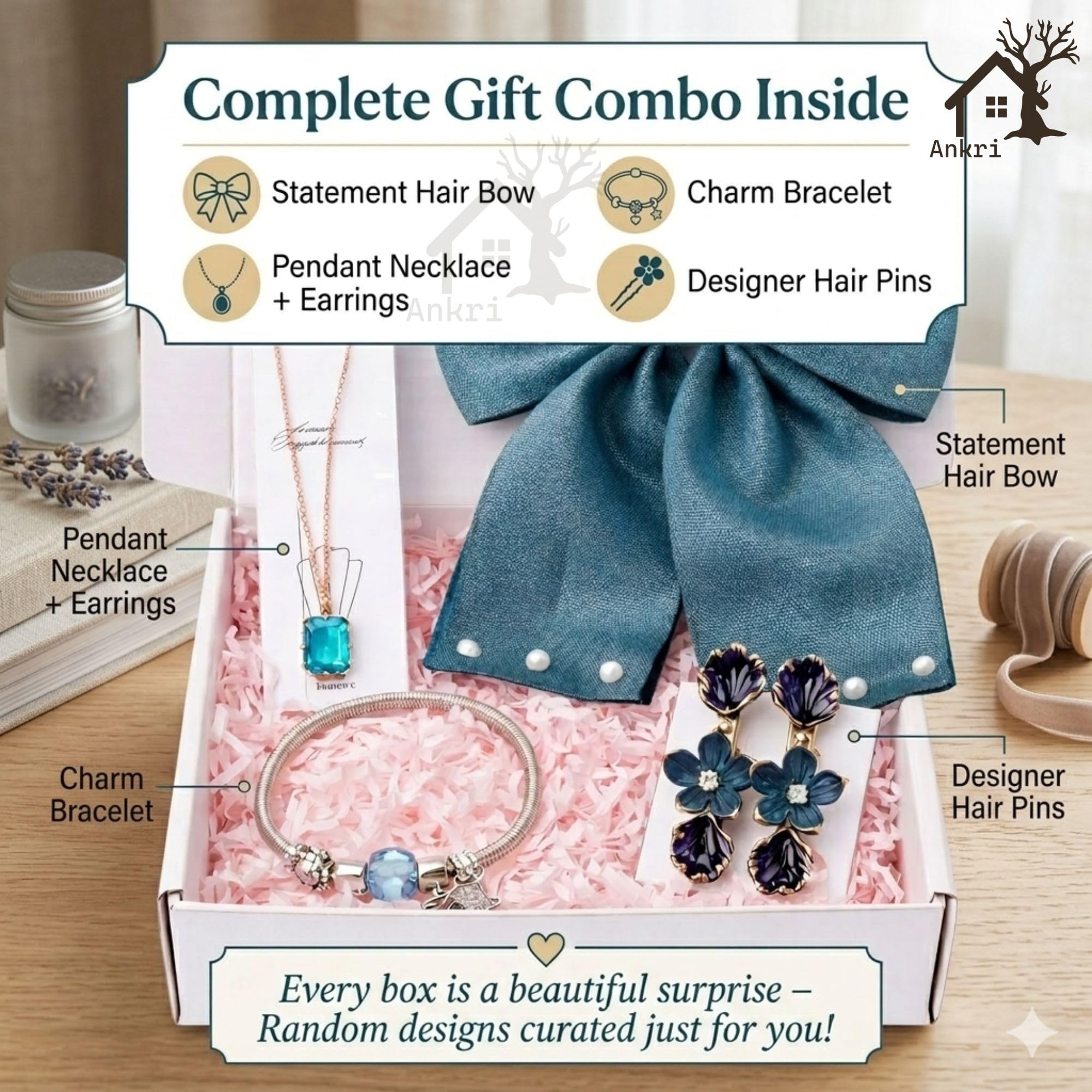 5 Pcs Trendy Hair Accessories & Jewelry Gift Set for Girls & Women, Hair Bow, Jewellery Set, Pendant Necklace with Earrings, Flower Hair Pins, Charm Bracelet, White Gift Box Included, Random Designs as per Latest Trend