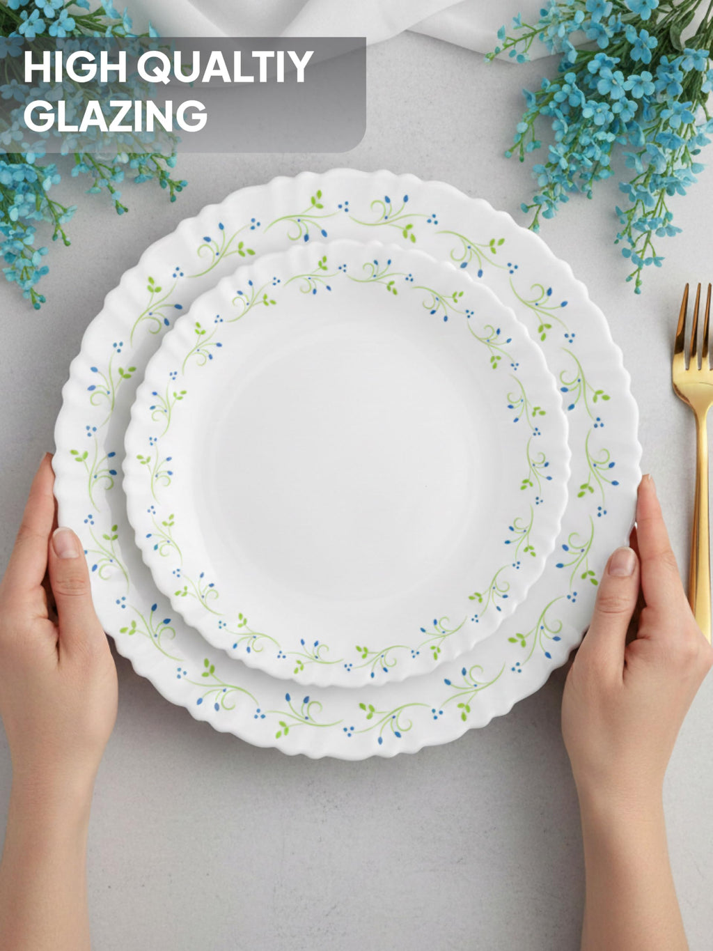 CELLO Tropical Lagoon Dazzle Series Opalware Dinner Set of 5 Pieces for Family of 2 | Bone-Ash Free & Leadfree Opal Glass, Microwave & Dishwasher Safe Plates & Bowls Crockery Set for Dining & Gifting