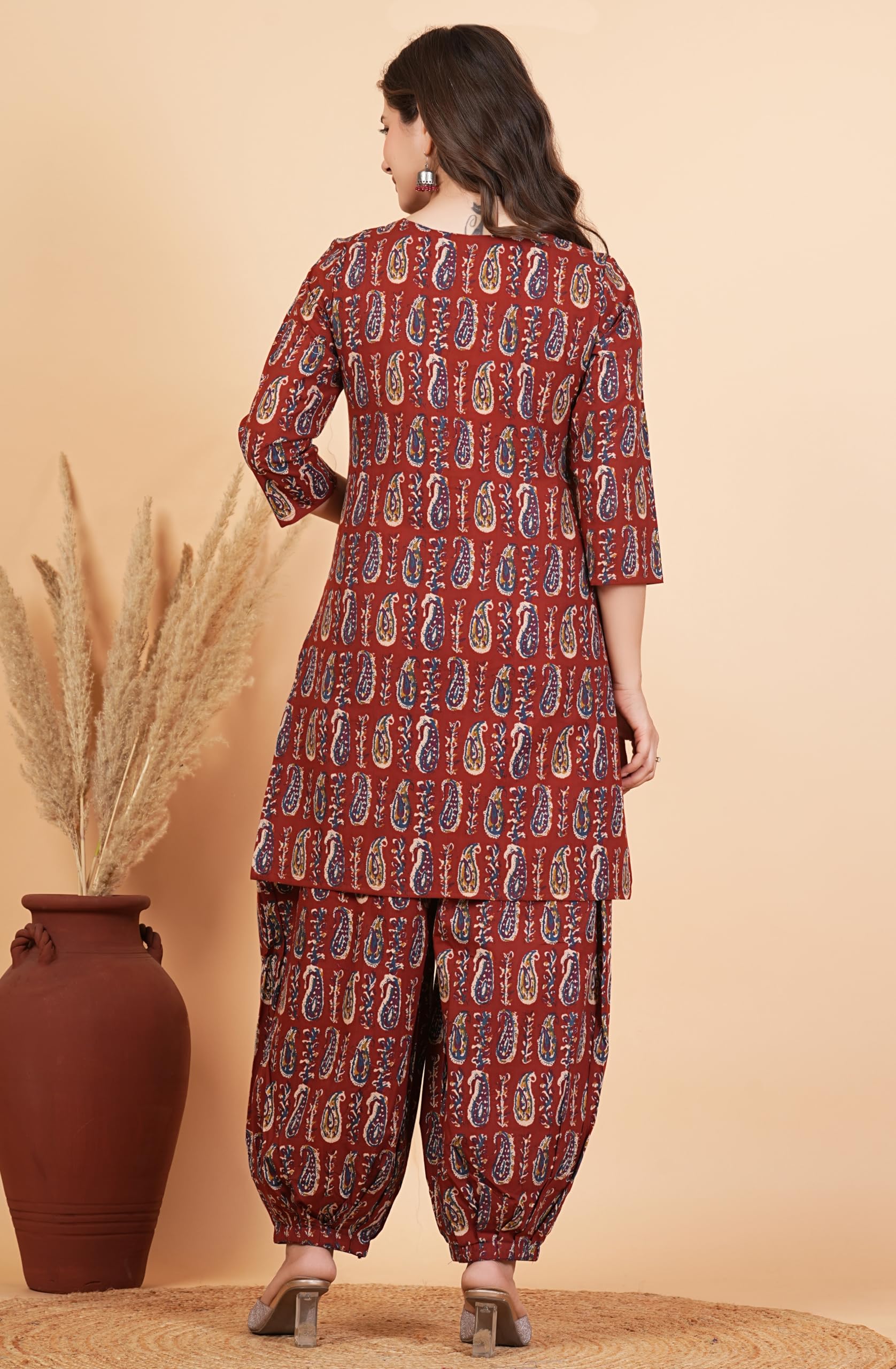 rytras Women's Pure Cotton Printed Straight Kurta Set with Palazzo Pants|Ethnic wear|Kurta Set for Women(RYT704,L) Maroon
