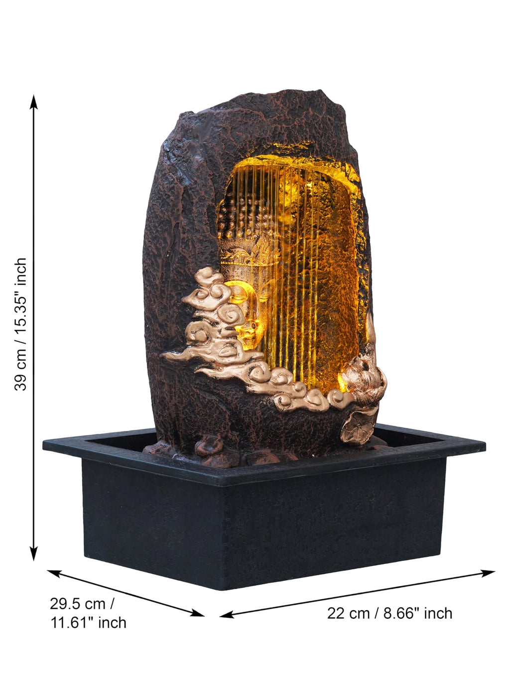 CHRONIKLE Polyresin Tabletop Gold Brown Meditating Buddha Sitting in Cave Style Indoor Front Curtain Waterfall Fountain for Home Decor with LED Light, Speed Controller Pump (Size: 40 x 22 x 29.5CM)