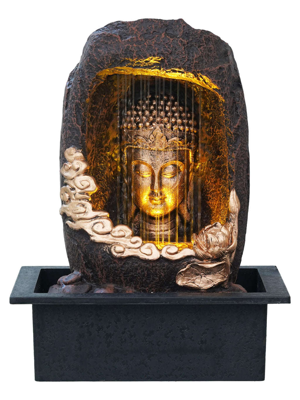 CHRONIKLE Polyresin Tabletop Gold Brown Meditating Buddha Sitting in Cave Style Indoor Front Curtain Waterfall Fountain for Home Decor with LED Light, Speed Controller Pump (Size: 40 x 22 x 29.5CM)