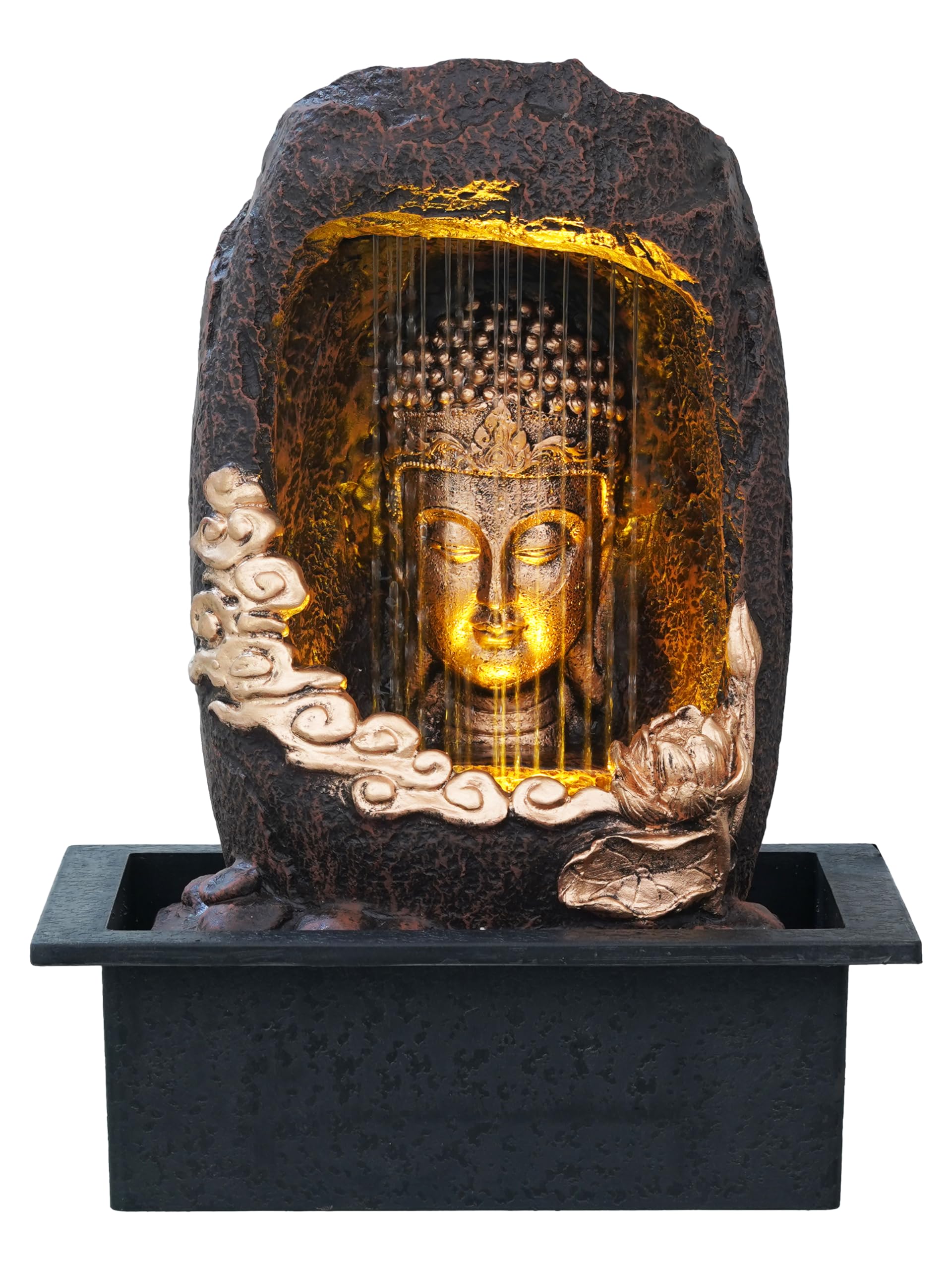 CHRONIKLE Polyresin Tabletop Gold Brown Meditating Buddha Sitting in Cave Style Indoor Front Curtain Waterfall Fountain for Home Decor with LED Light, Speed Controller Pump (Size: 40 x 22 x 29.5CM)