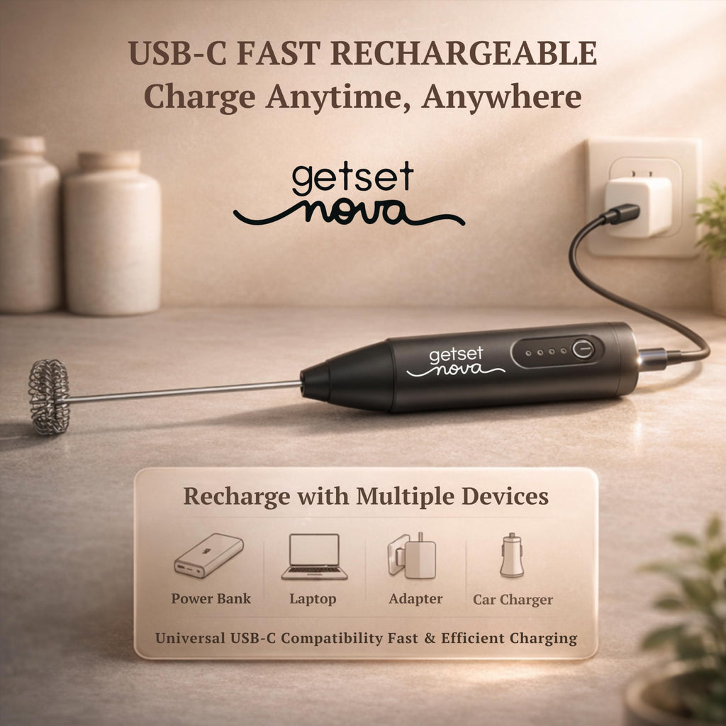 GetSetNova Frother Coffee Frother Electric and Coffee Beater Electric Stainless Steel Whisk USB C Rechargeable Microfoam Maker Coffee Maker Machine for Home with Recipe Book and One Year Warranty