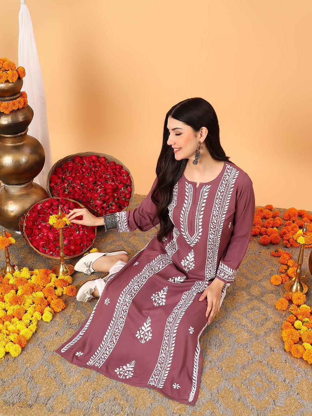 GoSriKi Women's Viscose Straight Embroidered Kurta (Kinjal Mauve-GS_L_Maroon_Large)