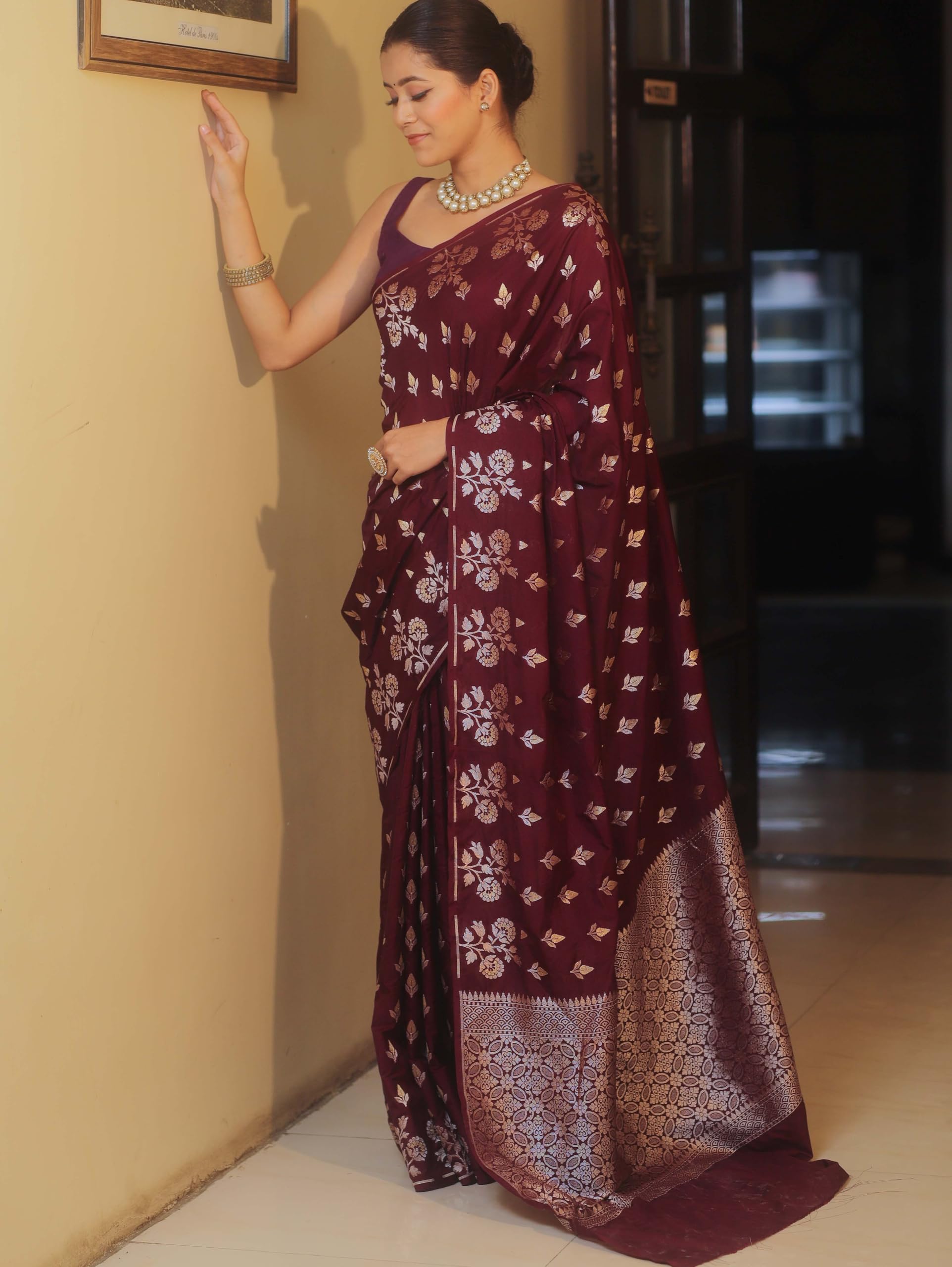 Shasmi Women's Maroon Banarasi Pure Kanjivaram Silk Saree Soft new ladies Design Wear Pattu Sarees Latest 2026 Cotton Party Sari collections With Blouse Piece for Wedding sadi (PARI-238-MAROON)