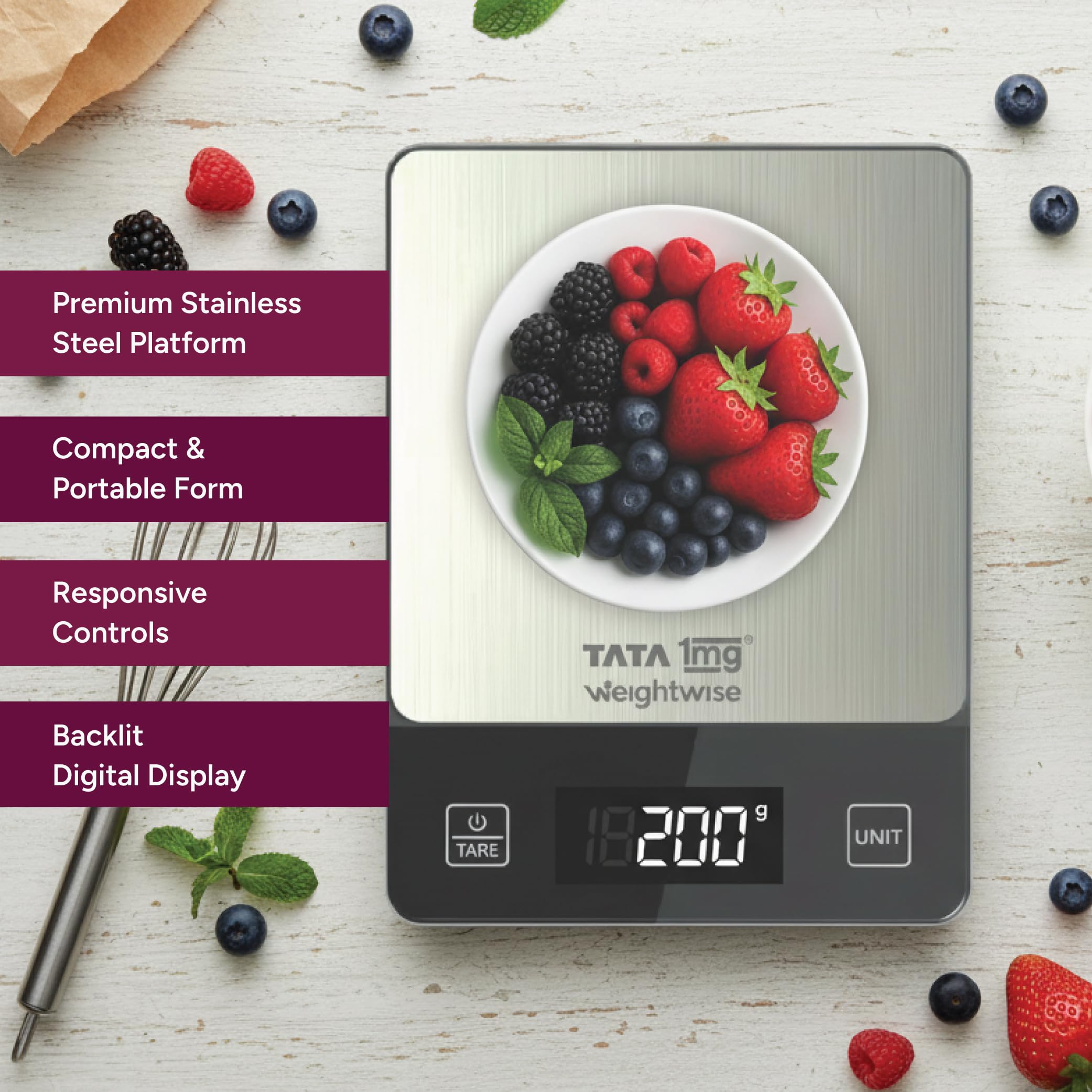 Tata 1mg Weightwise Kitchen Weighing Scale | 1g Precision | Stainless Steel | Max Capacity 5 kg | Auto Power-Off Feature | Ideal for Daily Diet Tracking, Portion Control and Weight Management Goals