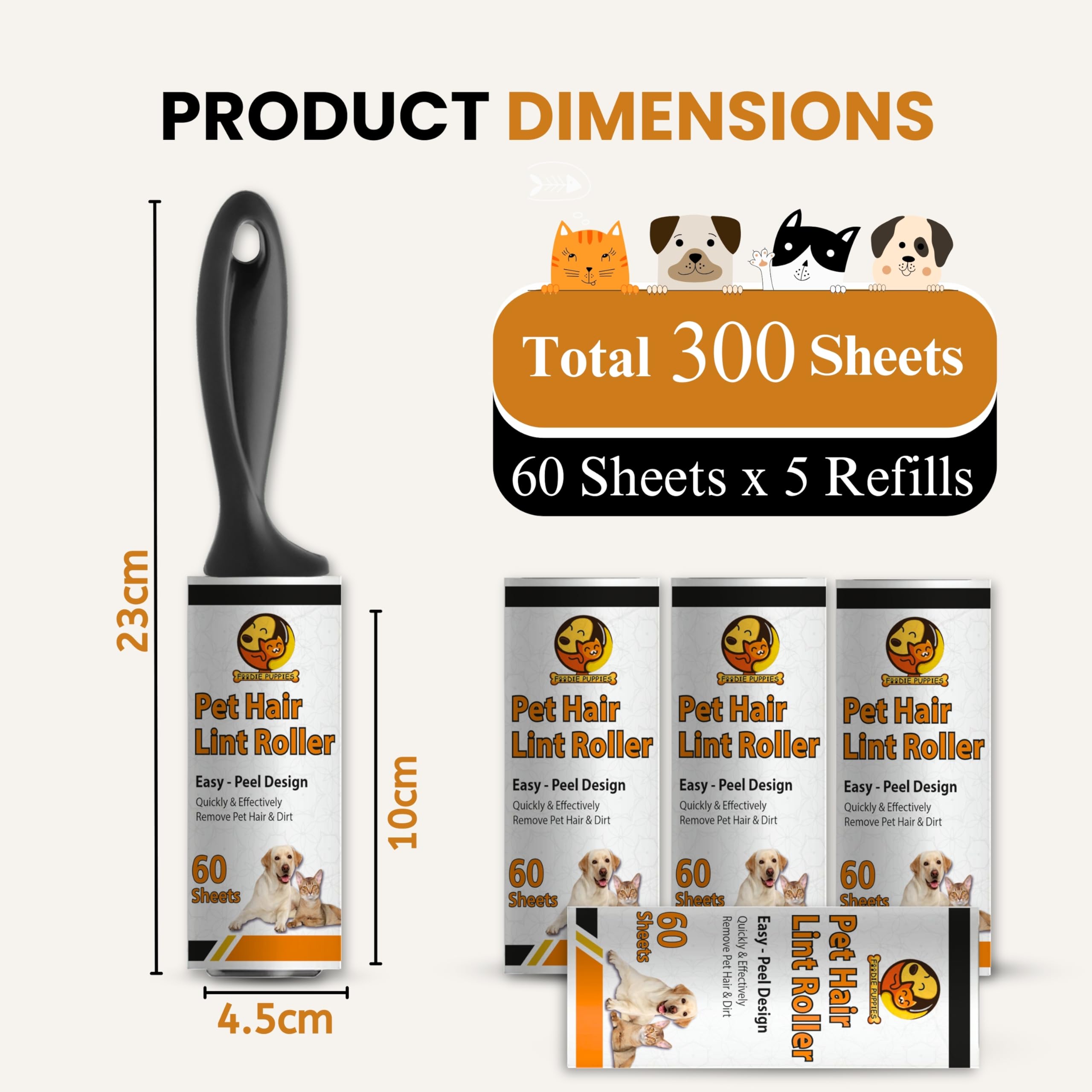 Foodie Puppies Pet Hair Remover Lint Roller with Handle and 4 Refills (300 Sheets), Hair Remover for Dogs and Cats, Ideal for Clothes, Furniture, Coats, Car Seats, Carpets, Fabric, and Dust Cleaning