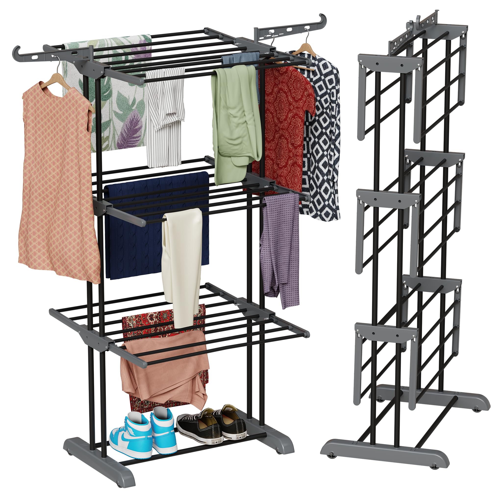 TEX-RO Metal Clothes Drying Stand Foldable with Wheels – 3-Tier Cloth Dryer Stand for Balcony, Bedroom & Indoor Outdoor | Heavy Duty Hanger Stand for Clothes Hanging, Dress Drying Rack - Grey