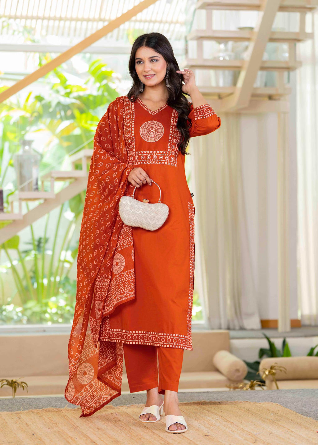 Pistaa's Women's Pure Cotton Elegant Bandhani Print Kurta Set with Dupatta (Bright Rust, Medium)