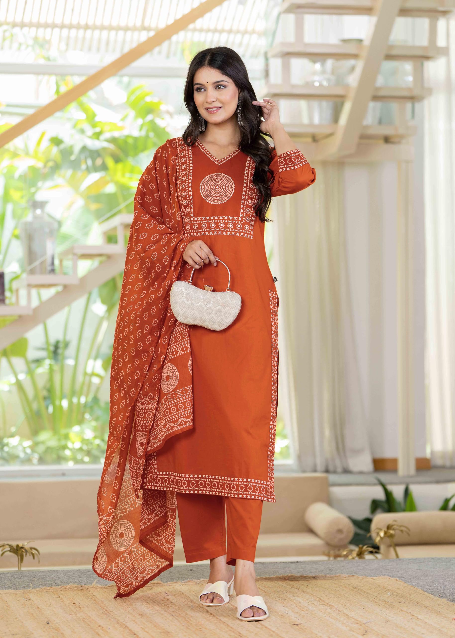 Pistaa's Women's Pure Cotton Elegant Bandhani Print Kurta Set with Dupatta (Bright Rust, Medium)