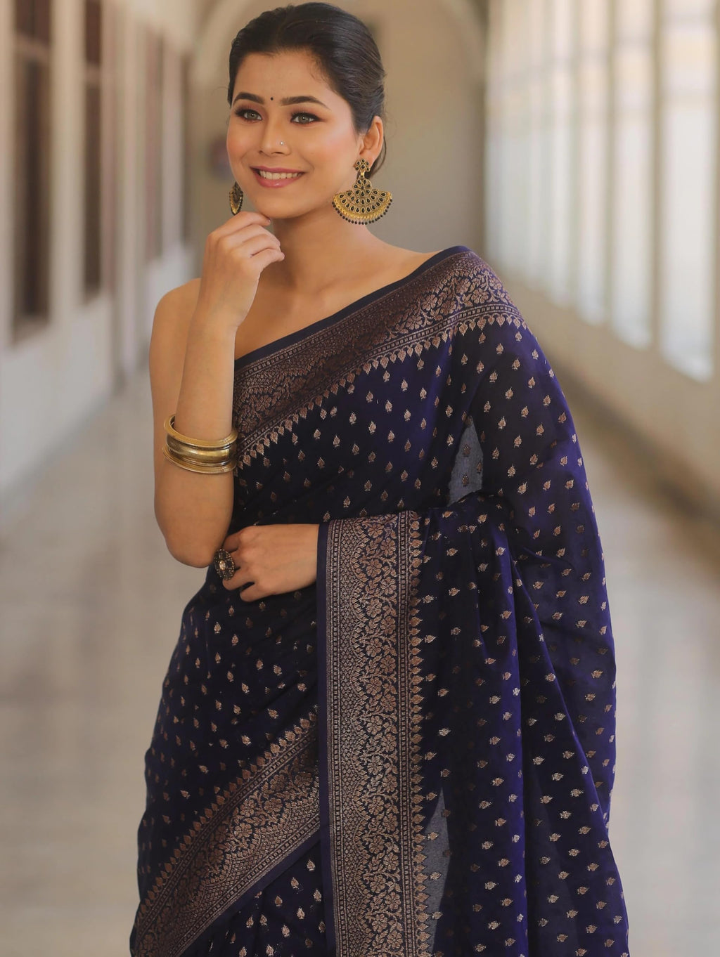 Shasmi Women's Navy Blue Banarasi Pure Kanjivaram Silk Saree Soft new ladies Design Wear Pattu Sarees Latest 2026 Cotton Party Sari collections With Blouse Piece for Wedding sadi (PARI-239-NEVIBLUE)