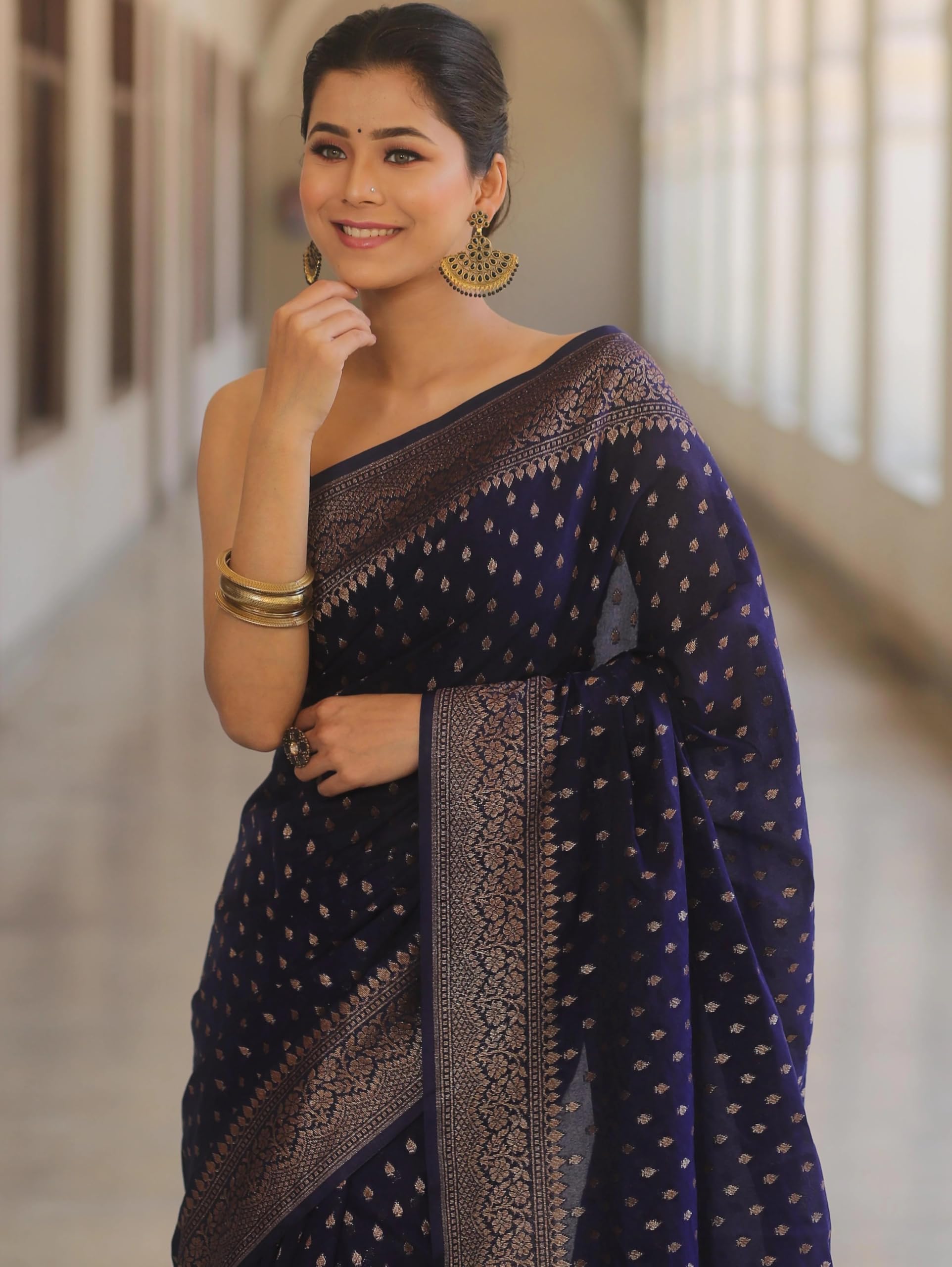 Shasmi Women's Navy Blue Banarasi Pure Kanjivaram Silk Saree Soft new ladies Design Wear Pattu Sarees Latest 2026 Cotton Party Sari collections With Blouse Piece for Wedding sadi (PARI-239-NEVIBLUE)