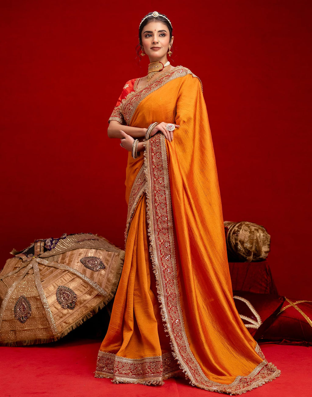 SIRIL Women's Vichitra Silk Sequins Embroidery Lace Saree With Unstitched Blouse Piece(5015S3581_Orange)