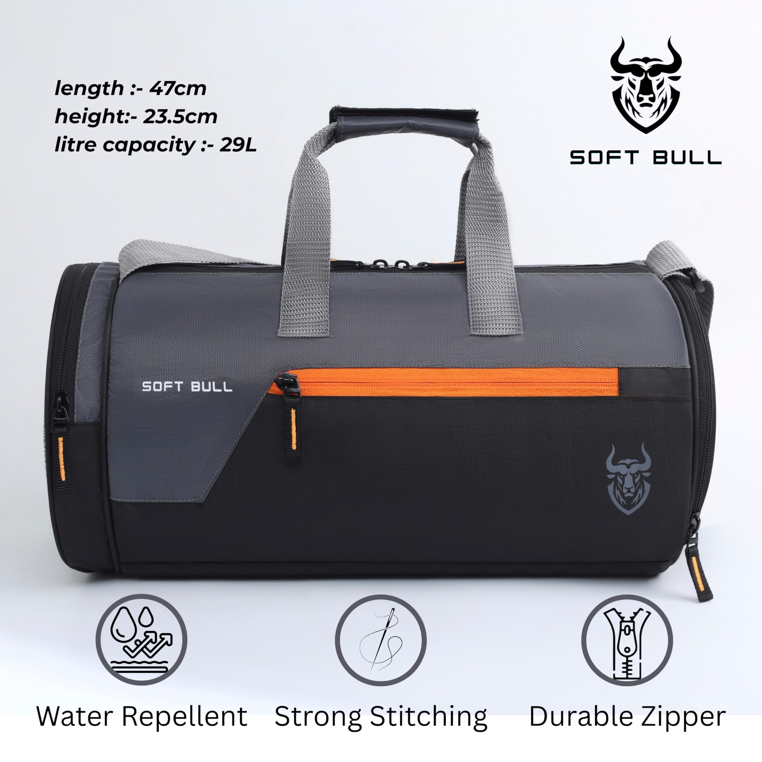 Soft Bull Gym Bag for Men 29L with Shoe Compartment | Gym Bags for Man Waterproof Duffle Bag | Sports Travel Bag for Men & Women | Gym Duffle Bag for Men for Workout, Travel, Sports Black