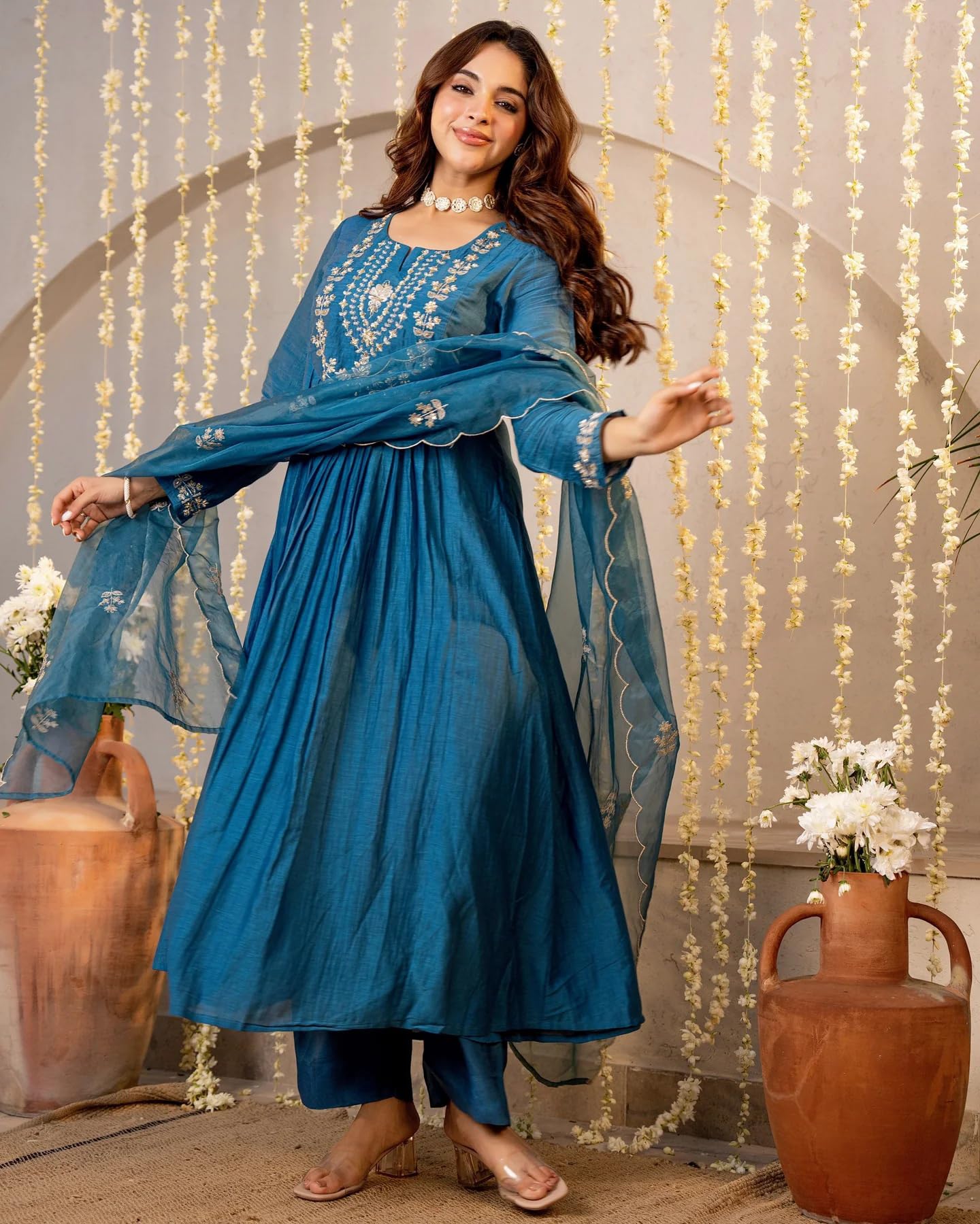 Nermosa Women Embroidery Solid A-Line Kurta and Pant Set with Dupatta (IN, Alpha, L, Morepeach)