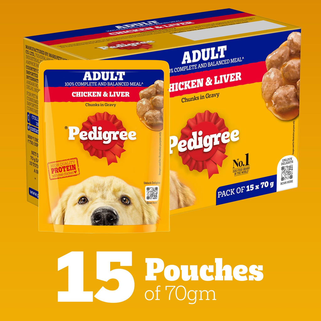 Pedigree Adult Wet Dog Food, Chicken & Liver Chunks in Gravy, 70 g (Pack of 15), Complete & Balanced Meal for Adult Dogs