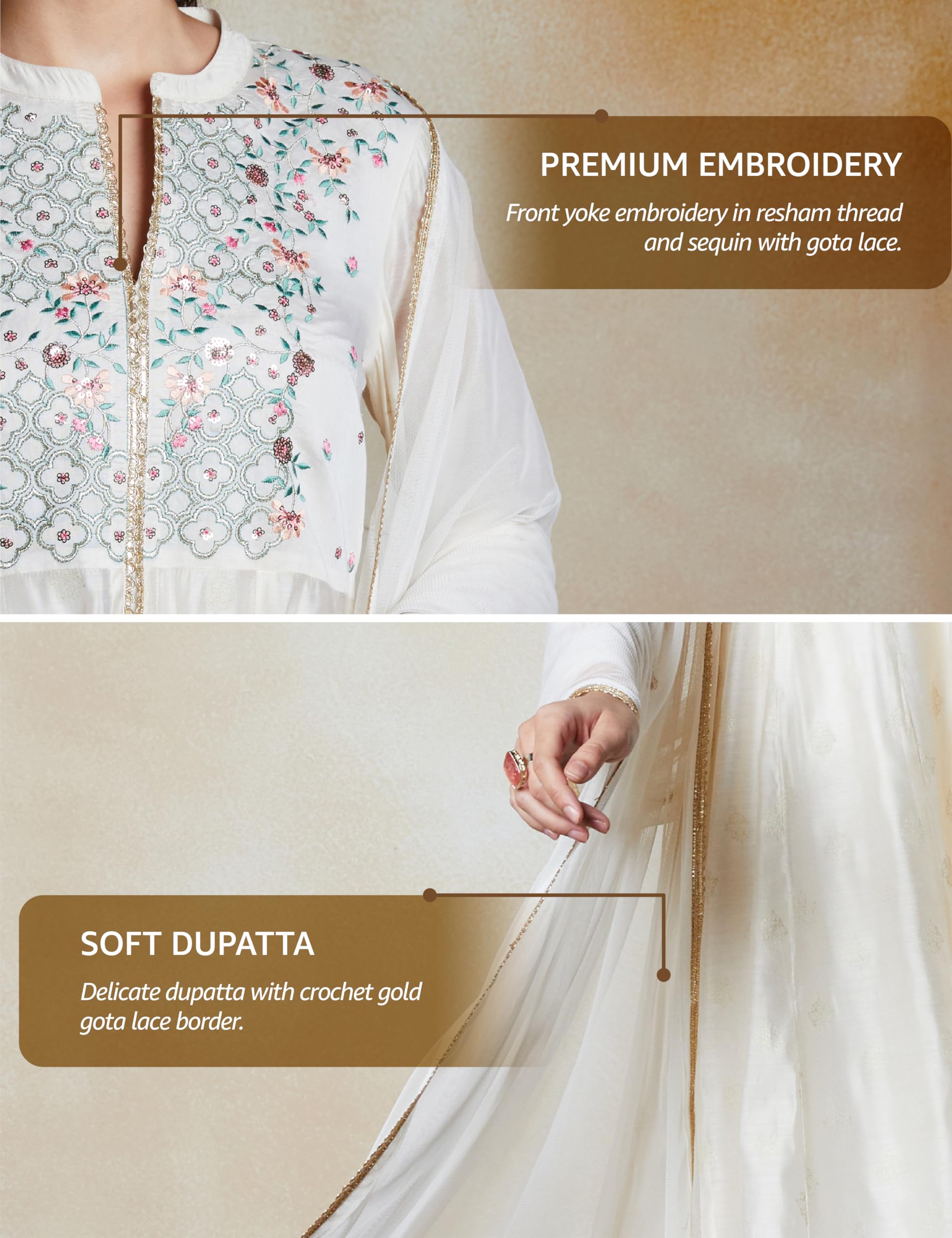 Amazon Brand - Myx Women's Embroidered Anarkali Kurta Set with Mesh Dupatta | Chanderi Blend (AW25-MYX-GEE-KS-23_Off-white_3XL)