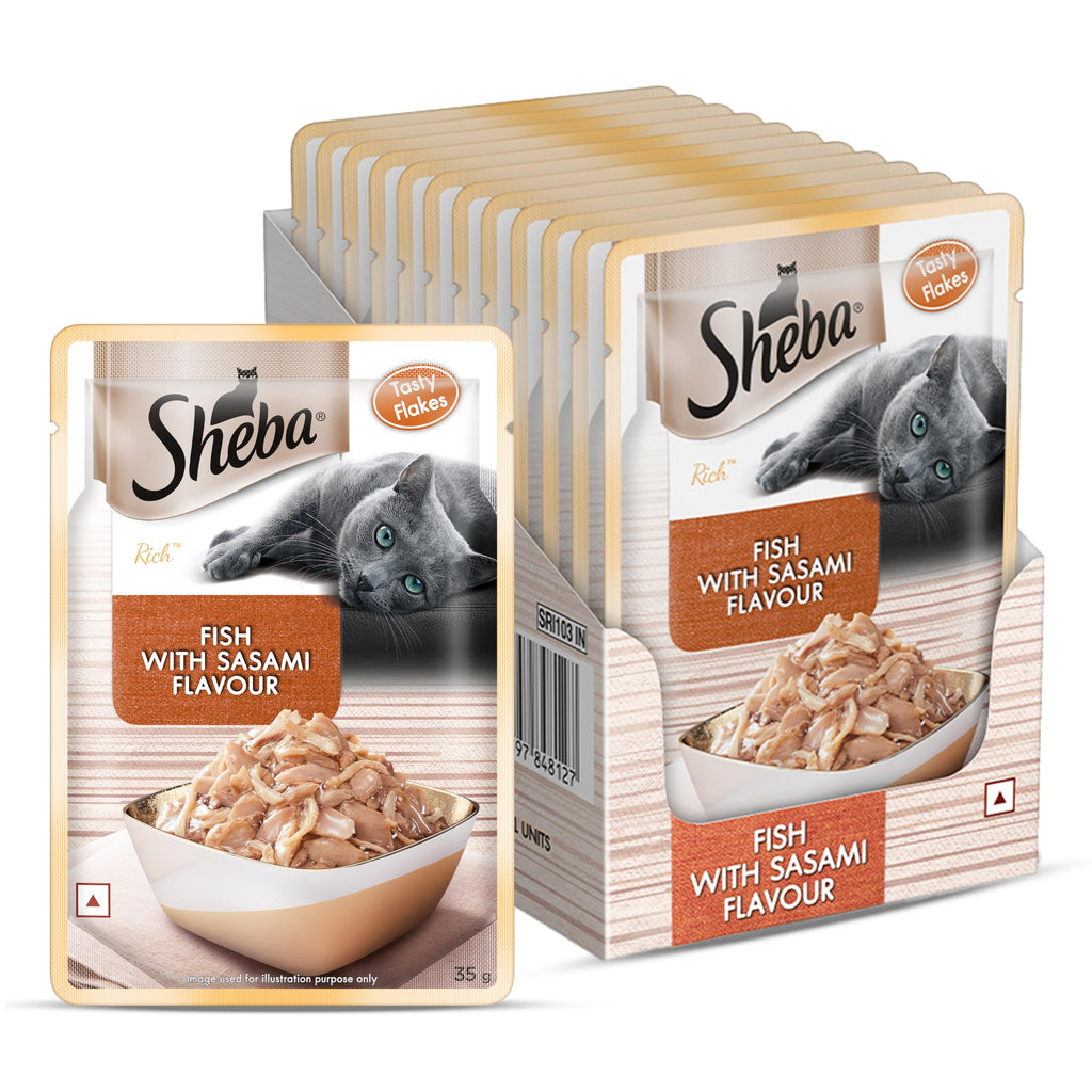 Sheba Rich Premium Adult (1+ Years) Wet Cat Food, Fish with Sasami Flavour, 35 g Pouch (Pack of 12), High-moisture wet food for healthy hydration