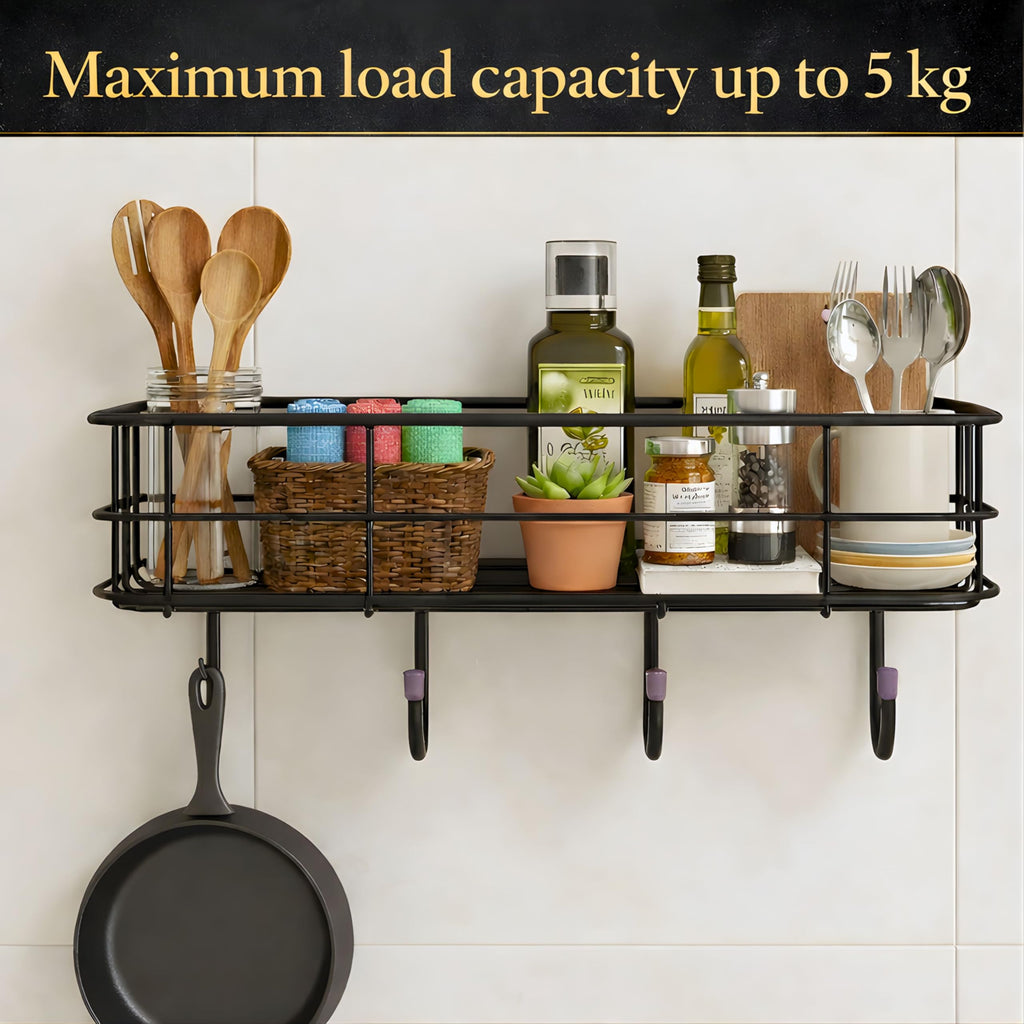 GLOXY Premium Black Metal Self-Adhesive Bathroom Organiser Without Drilling - Multipurpose Wall Mounted Shampoo Holder Bathroom Shower Caddy with 4 Hooks - Pack of 1