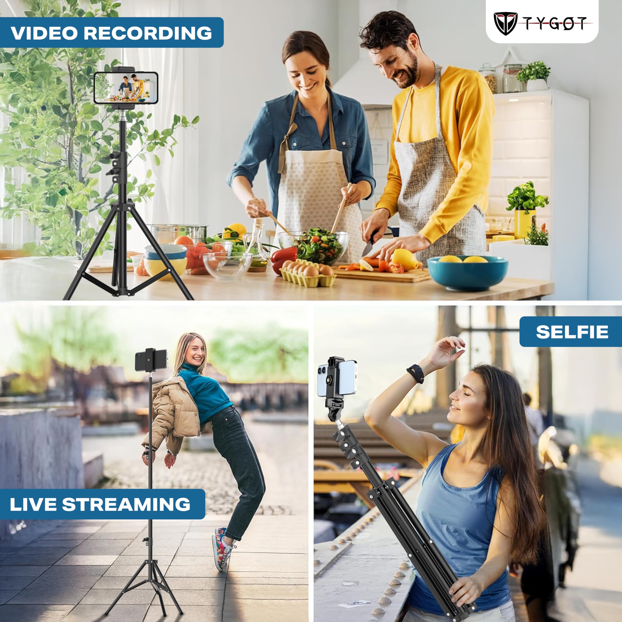 Tygot Lightweight & Portable Portable 7 Feet (84 Inch) Long Tripod Stand with Adjustable Mobile Clip Holder for All Mobiles & Cameras (Black)