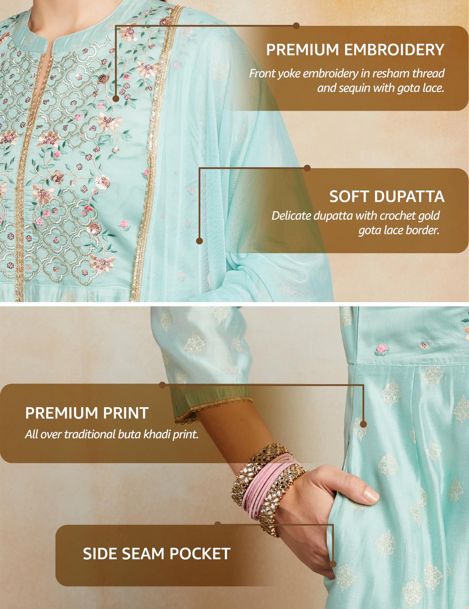 Amazon Brand - Myx Women's Embroidered Anarkali Kurta Set with Mesh Dupatta | Chanderi Blend (AW25-MYX-GEE-KS-23_Sea Green_M)