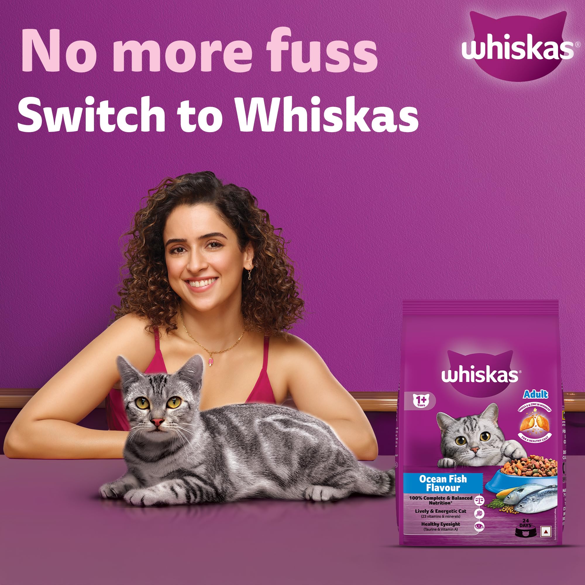 Whiskas Adult (1+ Years) Dry Cat Food, Ocean Fish Flavour, 3 kg, Contains 41 Essential Nutrients, Complete & Balanced Nutrition for Adult Cats