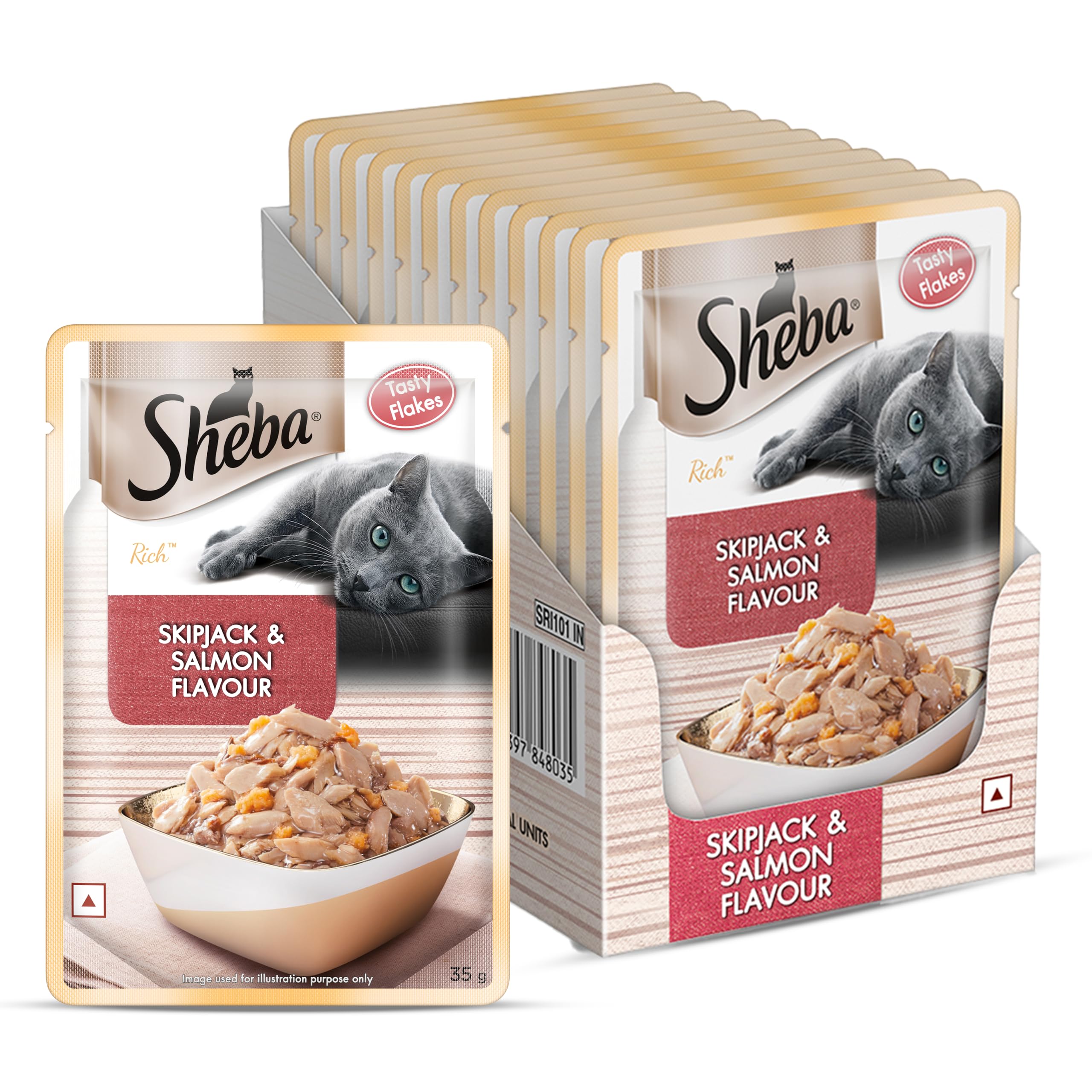 Sheba Rich Premium Adult (1+ Years) Wet Cat Food, Skipjack & Salmon Flavour, 35 g Pouch (Pack of 12), High-moisture wet food for healthy hydration