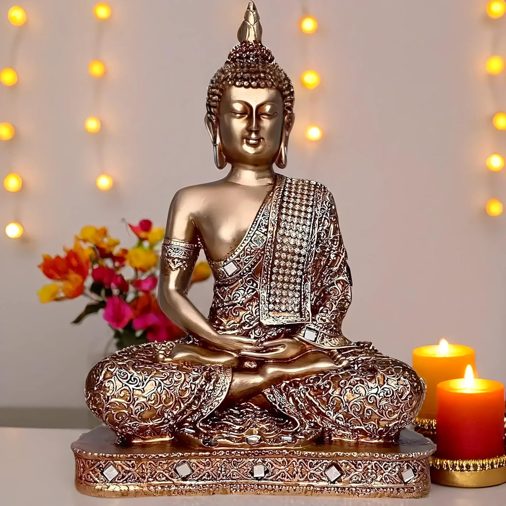 Global Grabbers New 25 Centimetre Meditating Sitting Buddha Statue showpiece Idol Home Decor Items for Living Room and Gifts (Golden2)