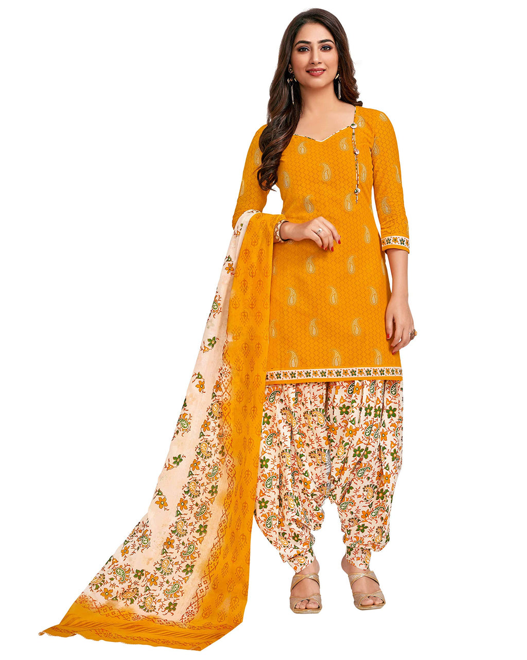 Miraan Cotton Printed Readymade Salwar Suit For Women(MIRAANSG118L, Large, Yellow)