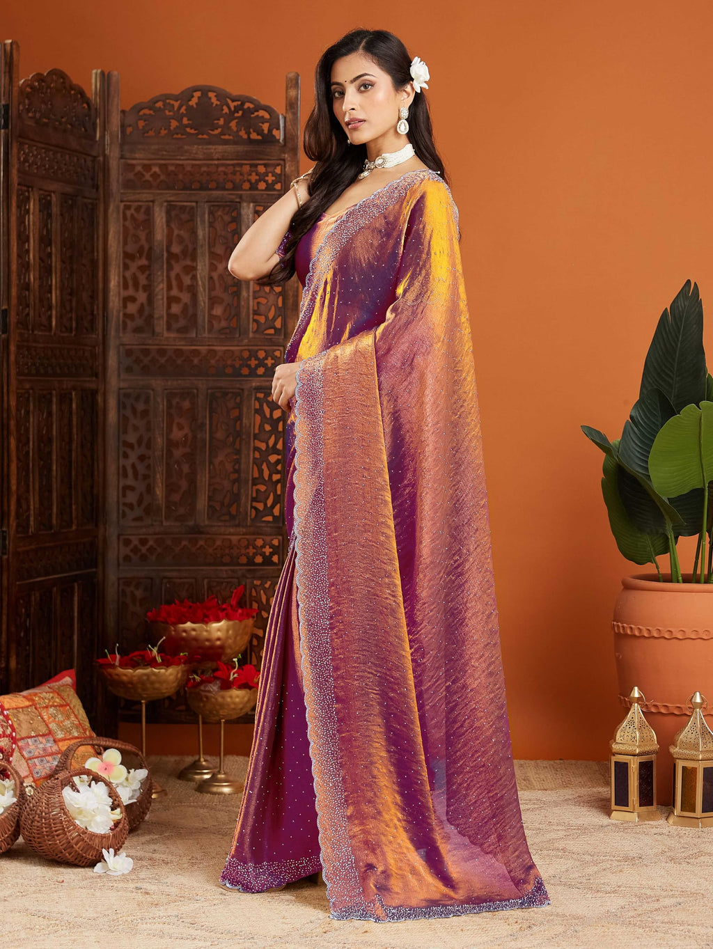 sadika fendy Chiffon Silk Saree with Scallop Beaded Border | Hand Embellished Party Fancy Festival Wedding Bollywood Style Saree with Matching Blouse (Chocolate)