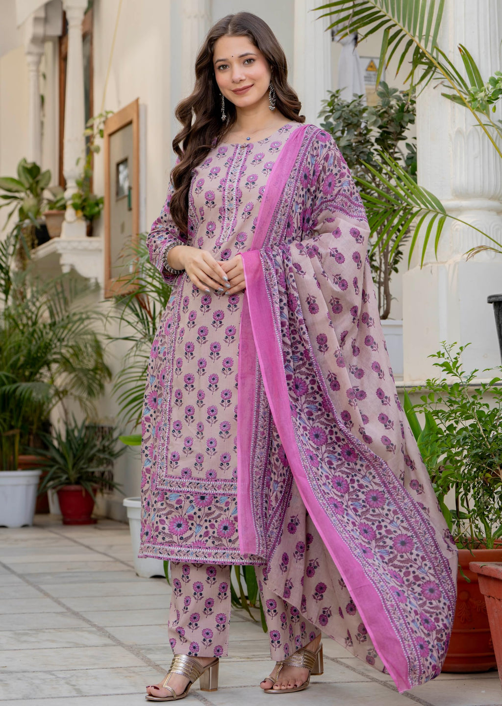 Amayra Women's Pure Cotton Straight Kurta Set with Palazzo pants & dupatta|Ethnic wear|Kurta Set for Women(TCK768,Pink,M)