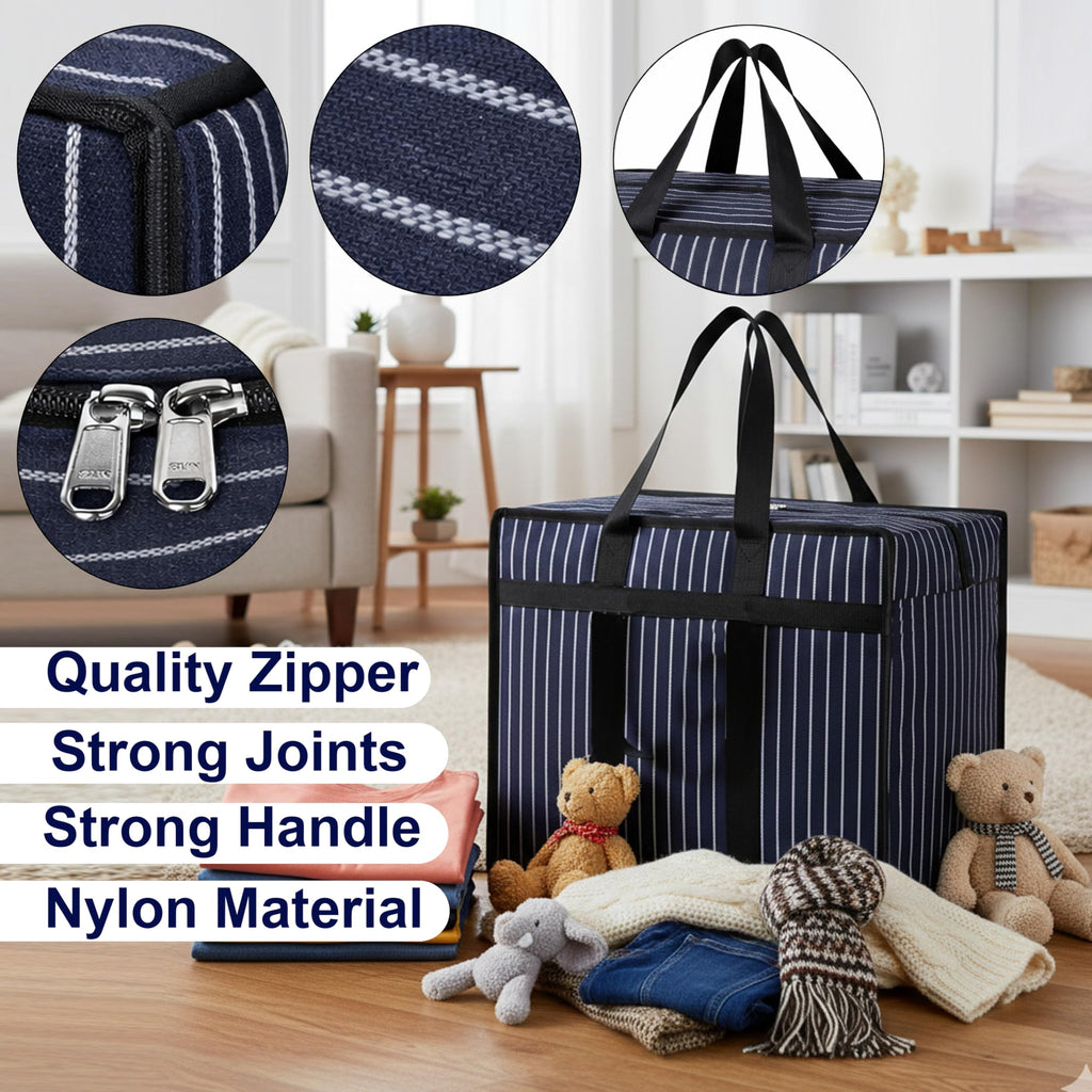 Match Made 2PK Extra Large Heavy Duty Canvas Storage Organizer Bag with Zip | Multipurpose Jhola Thaila with Strong Handles & Base for Home Storage, Travel, Laundry & Wardrobe – Black