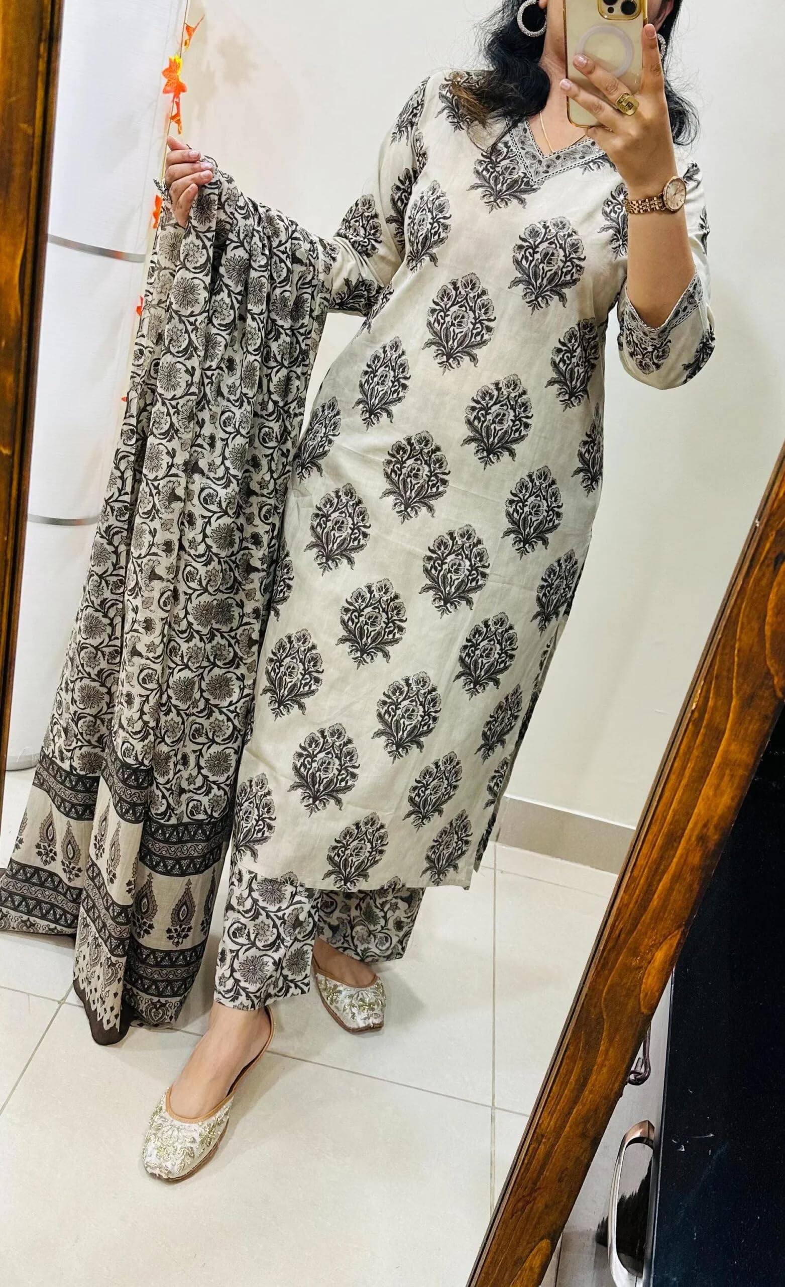ANNI Designer Women's Viscose Blend Straight Printed Kurta with Pant & Dupatta (Makram Cream_L_Cream_Large)