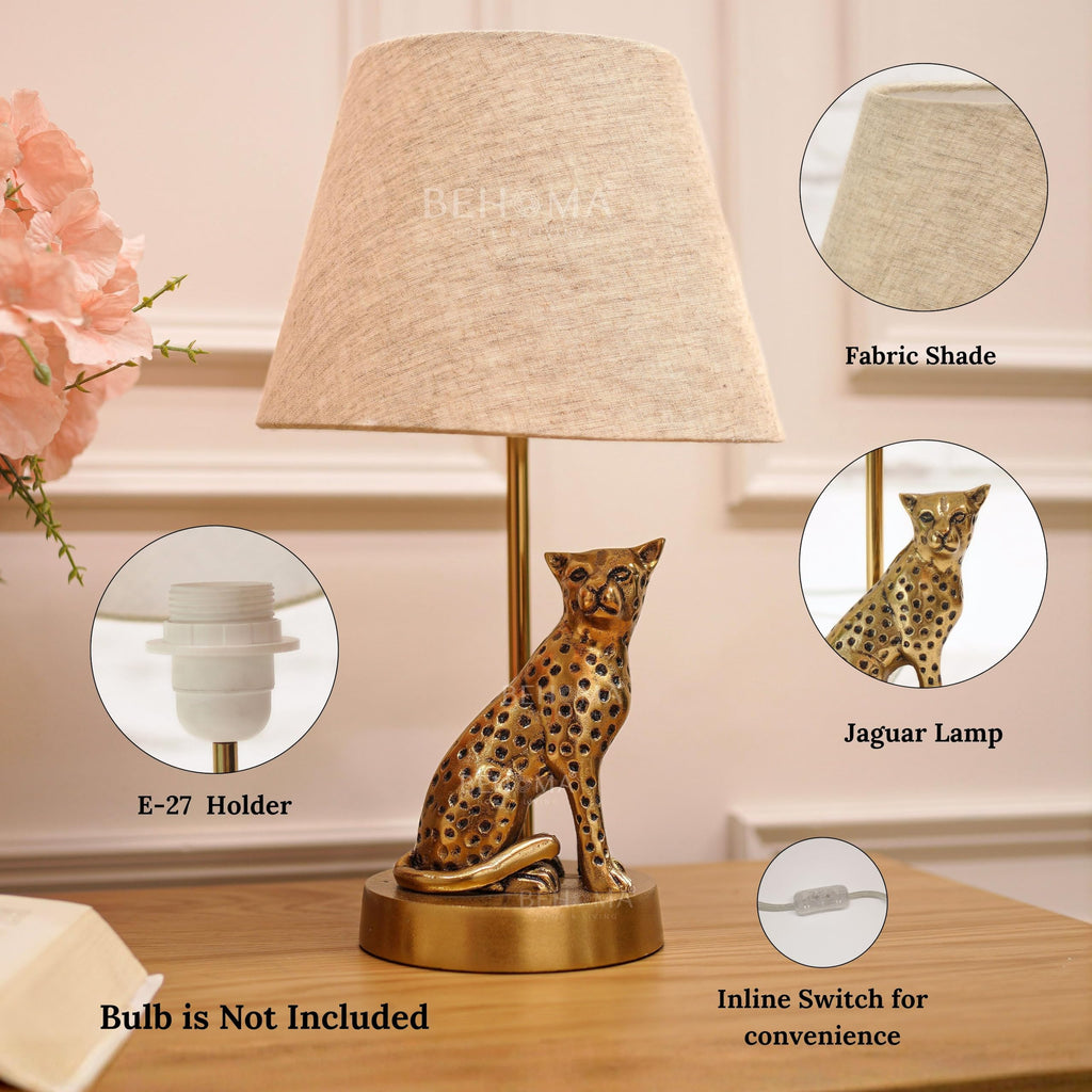 BEHOMA Luxury Jaguar Figurine Table Lamp with Antique Gold Aluminium Base & Fabric Shade | Elegant Home & Office Decor | Gift for Men, Kids, Housewarming Anniversary & Birthday (Bulb Not Included)