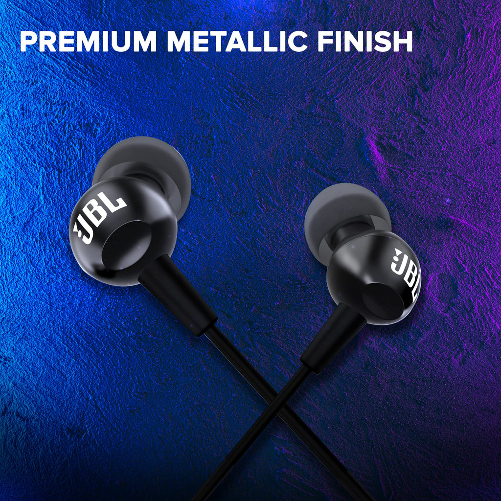 JBL C100SI Wired In Ear Headphones With Mic, Pure Bass Sound, One Button Multi-Function Remote, Premium Metallic Finish, Angled Buds For Comfort Fit (Black)