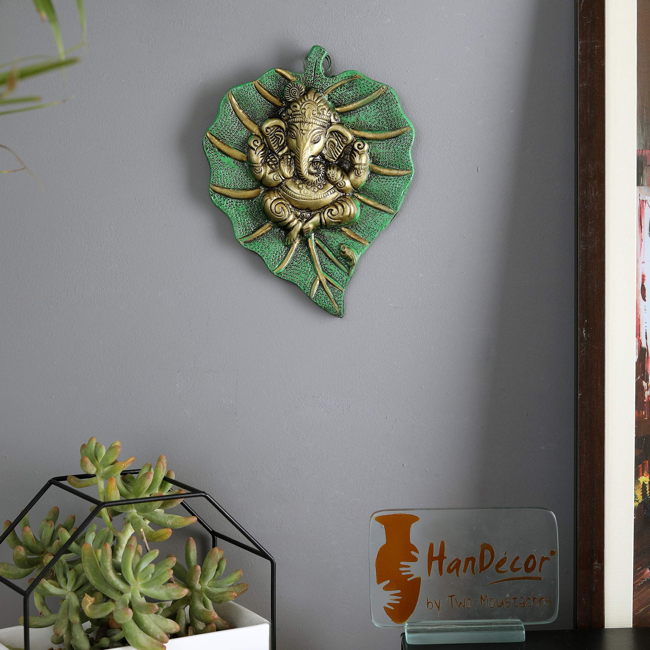 Two Moustaches Decorative Leaf Ganesha on Patta Metal Wall Hanging Showpiece, Green & Golden, Standard (TMP/1991B)