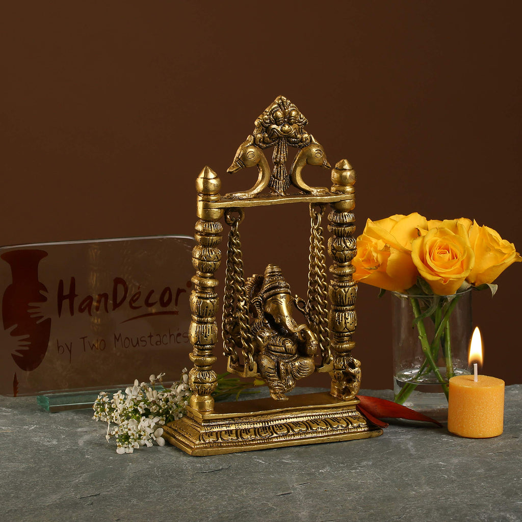 Two Moustaches 100% Pure Brass Ganesha on Swing Jhoola Showpiece, Brass Ganesha Jhula for Home Decor, Brass Temple Decor, Weight - 1.5 Kg, Standard, Antique Yellow, Pack of 1