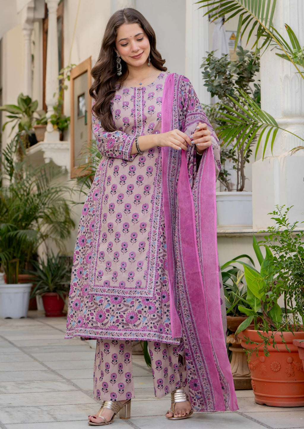 Amayra Women's Pure Cotton Straight Kurta Set with Palazzo pants & dupatta|Ethnic wear|Kurta Set for Women(TCK768,Pink,M)