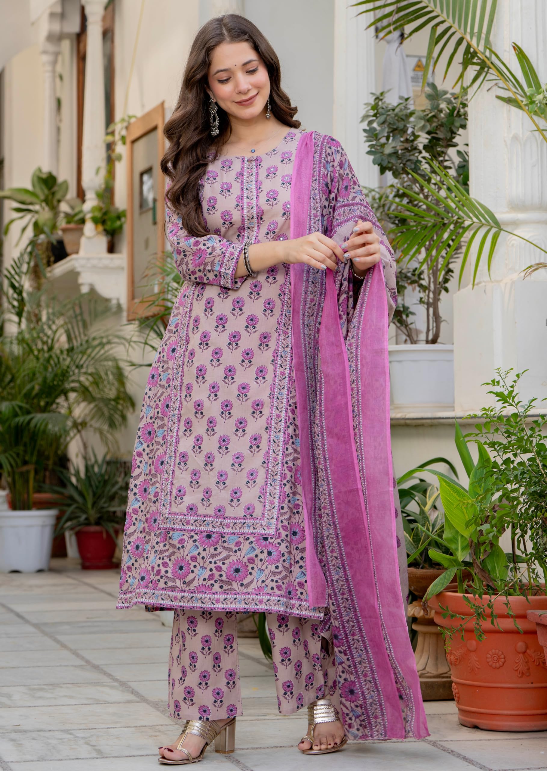 Amayra Women's Pure Cotton Straight Kurta Set with Palazzo pants & dupatta|Ethnic wear|Kurta Set for Women(TCK768,Pink,M)