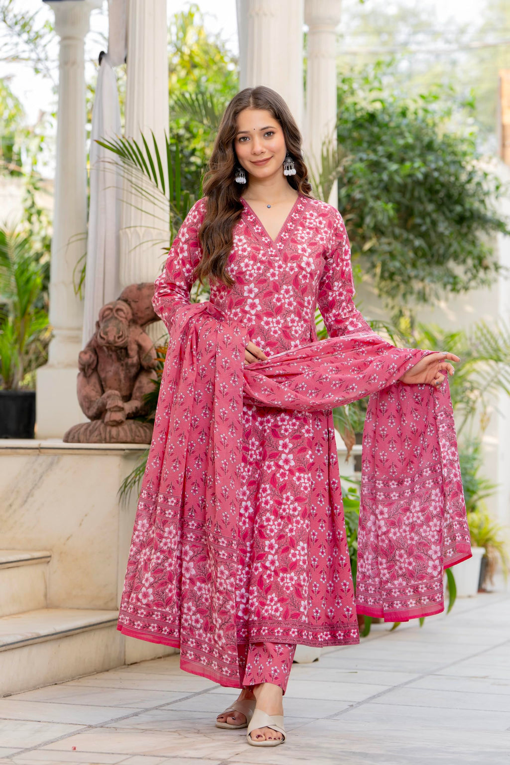 Aradhika Women's Pure Cotton Printed Anarkali Kurta with Pants and Dupatta | 3 Pieces Ethnic Wear for Women | Casual, Festive & Dailywear | Soft & Breathable Kurta Suit Set - (Pink, XX-Large)