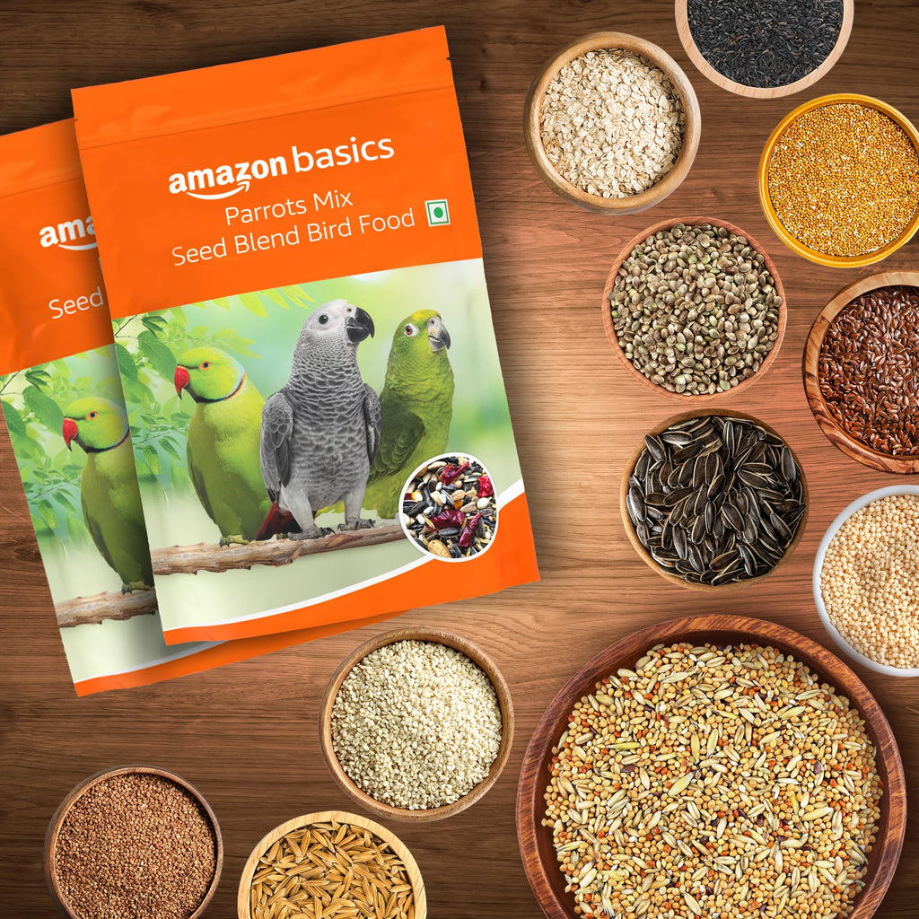 Amazon Basics Mix Seed Bird Food for Parrots, African Grey Parrot, Sun Conure, Macaw, Lovebird & Alexander | Bird Food for All Life Stages (1 kg)