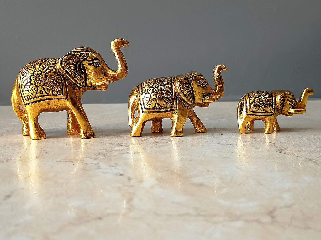 CraftVatika Set of 3 Metal Trunk Up Elephant Family Statue Showpiece Figurine -Fengshui Vastu Lucky - Decorative Items for Home Living Room Decor Living Room Office Desktop & Gifting,Corporate Gift