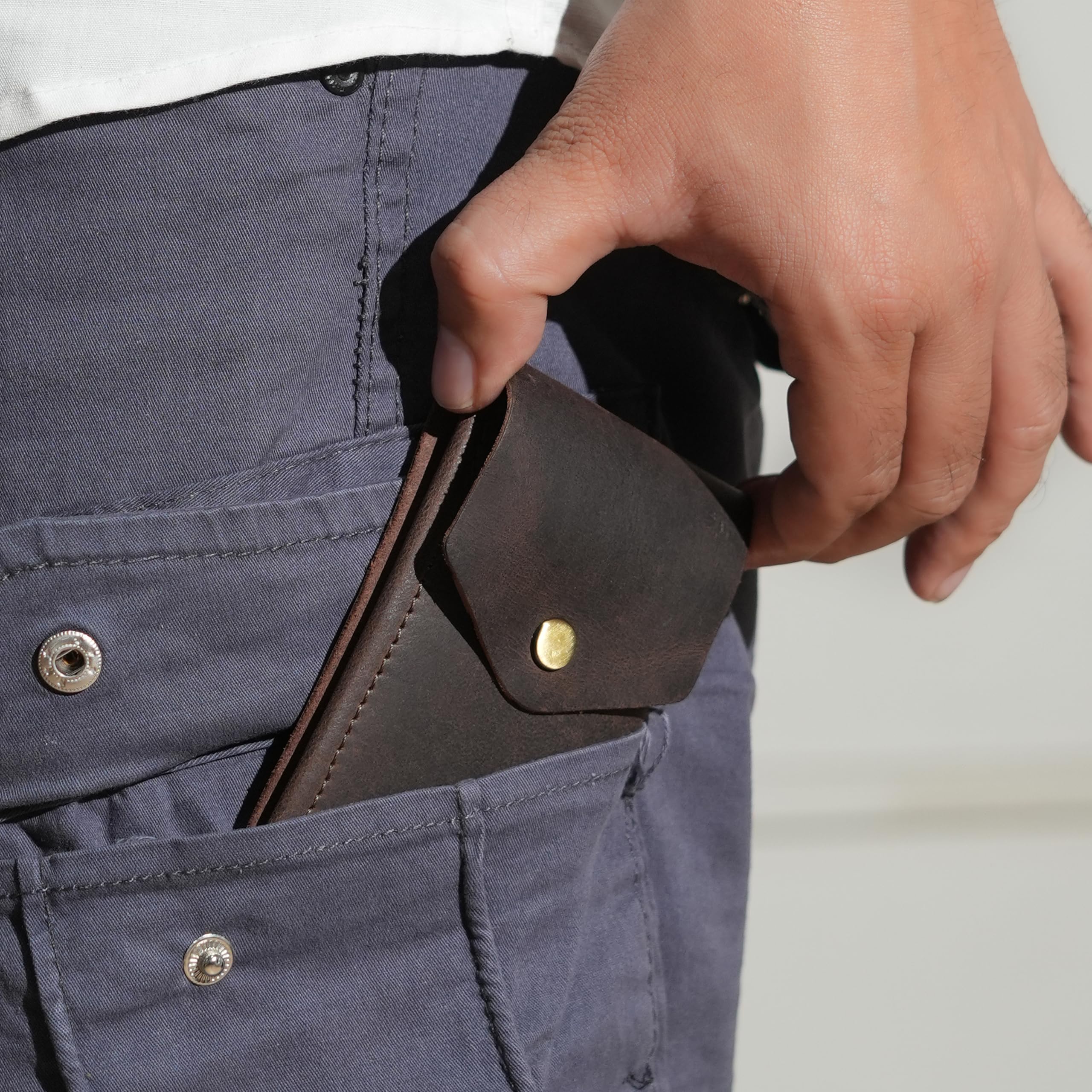 The Wallet Store Flip Genuine Leather Vertical Slim Wallet for Men | Pull-String Quick Card Access | Compact Front Cash Pocket & Button Lock | Minimalist Travel & Daily Carry Wallet (Brown)